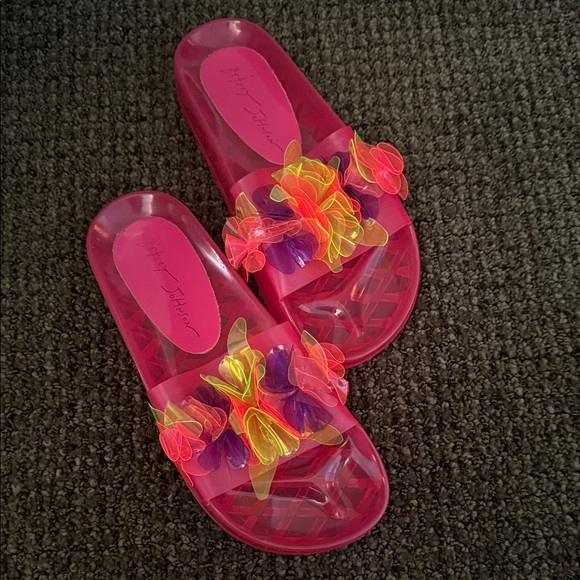 Betsey Johnson Neon Pink Floral Slide Sandals - Picture 2 of 5